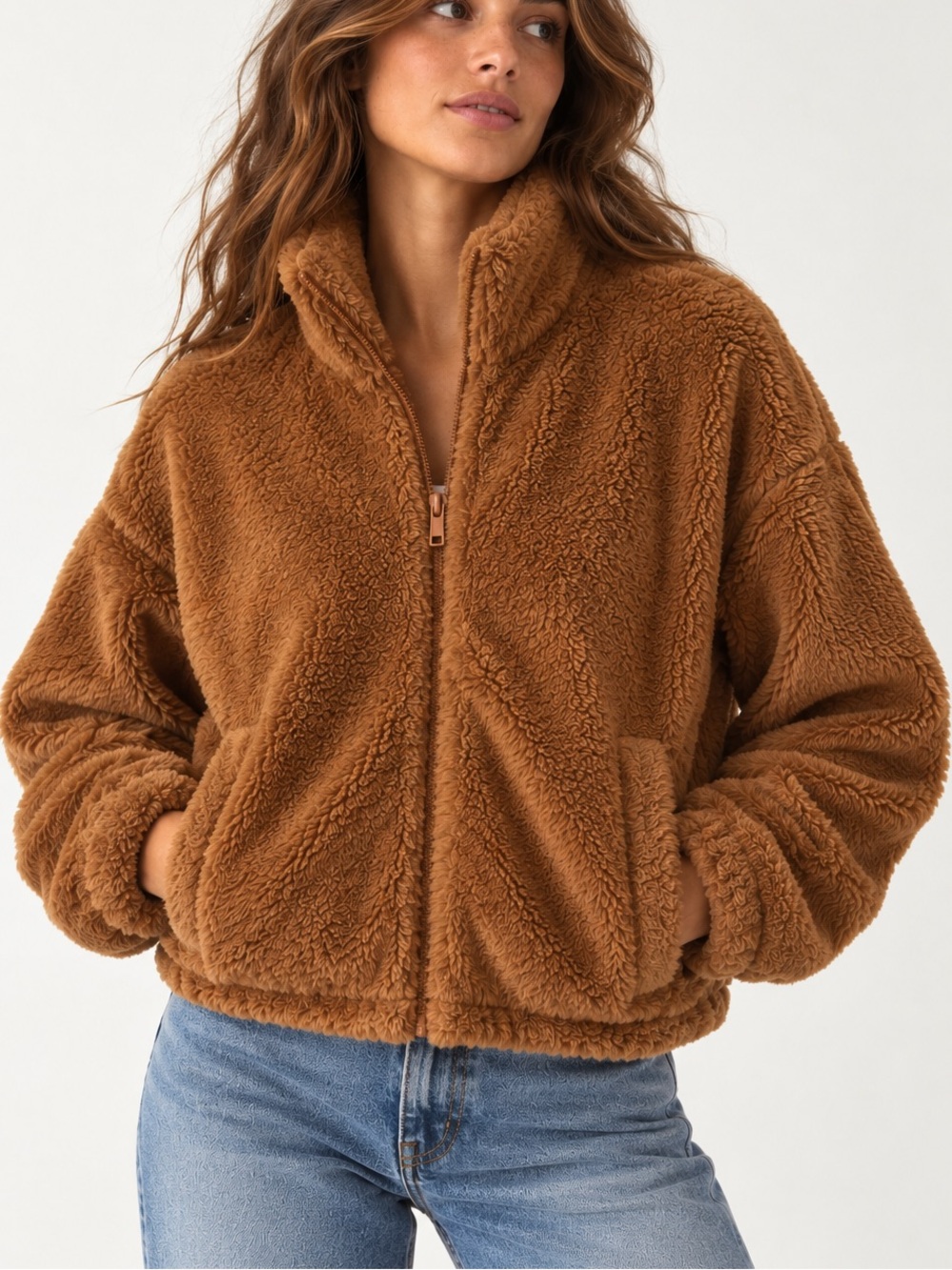 Aritzia Sunday Best Teddy Cozy Plush Zip-Up Jacket Chestnut Brown – Size Medium
